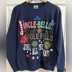 Tultex Navy Textured Puff Jingle Bells Holiday Christmas VTG Cotton Sweatshirt